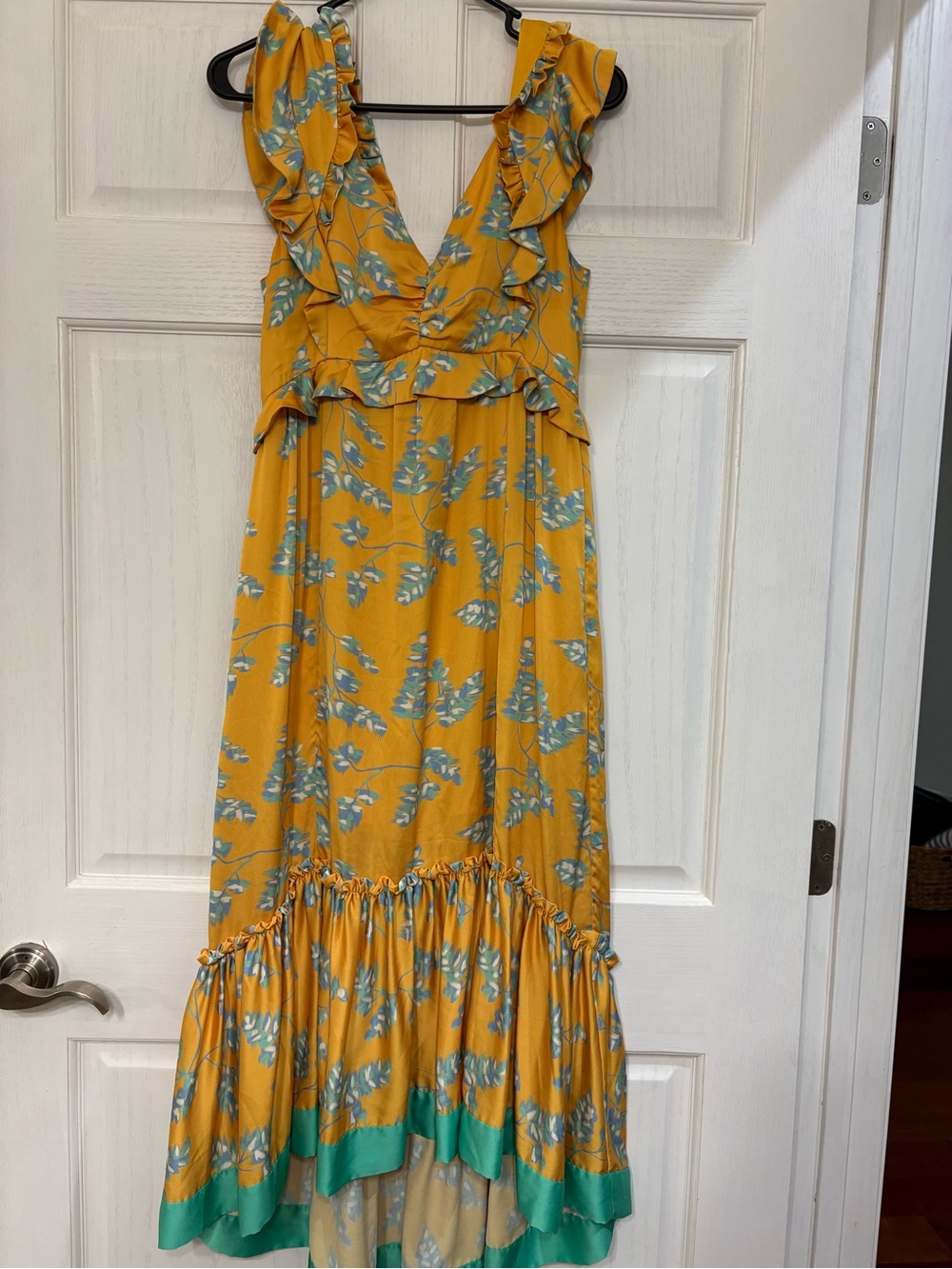 Three Floor Mustard Yellow Floral Ruffle Maxi Dress with Teal Hem